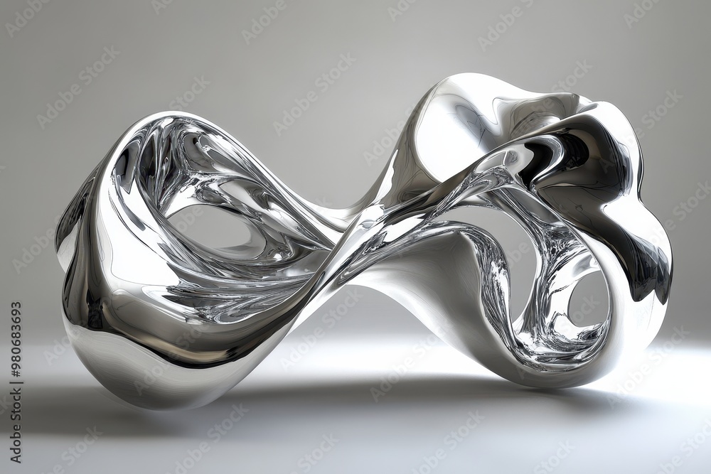 Poster a polished, abstract sculpture resembling an infinite loop, showcasing fluid forms and reflections.