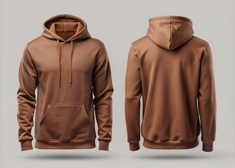 Isolated brown hoodie mockup showcasing front and back views with a blank template, allowing for customized design prints, logos, or text overlays with a neutral background.
