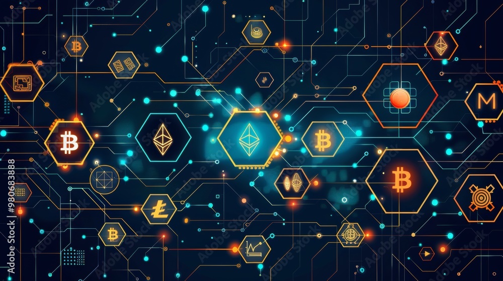 Poster modern blockchain background with cryptocurrency icons and digital ledger concepts