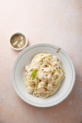 Pasta with cream sauce and shrimps