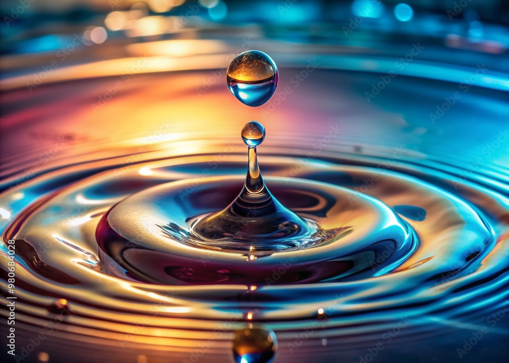 Poster close-up shot of a single water droplet colliding with the surface, creating a mesmerizing splash ef