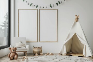 Cozy children s room with a play tent, wooden toys, and a comfortable armchair in neutral colors