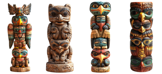 Colorful wooden totem poles featuring intricate animal carvings transparent background