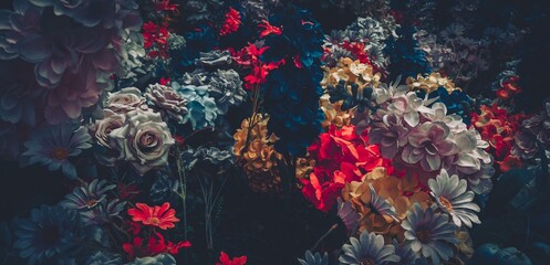 A vintage, artificial flower arrangement in a dark, moody setting.
