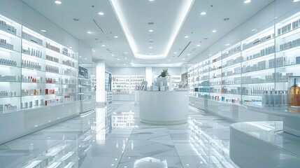 Obraz premium Interior of a modern pharmacy, white shelves stocked with medications. Generative AI.