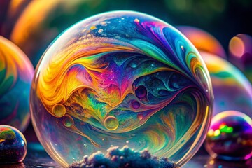 Vibrant iridescent colors swirl and dance across the delicate surface of a soap bubble, creating a mesmerizing display of shimmering hues and kaleidoscopic patterns.
