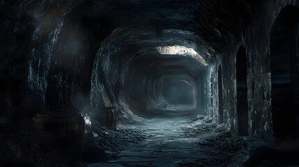 Dark, Foggy Tunnel with Stone Walls and Barrels