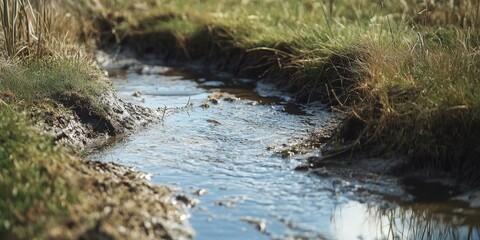 Obraz premium A small stream flows through grassy banks.