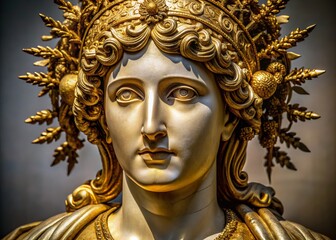 Intricately crafted antique statue in close-up, adorned with gold paint on its serene face, exudes grandeur, elegance, and artistic sophistication, reminiscent of ancient Greek or Roman monuments.