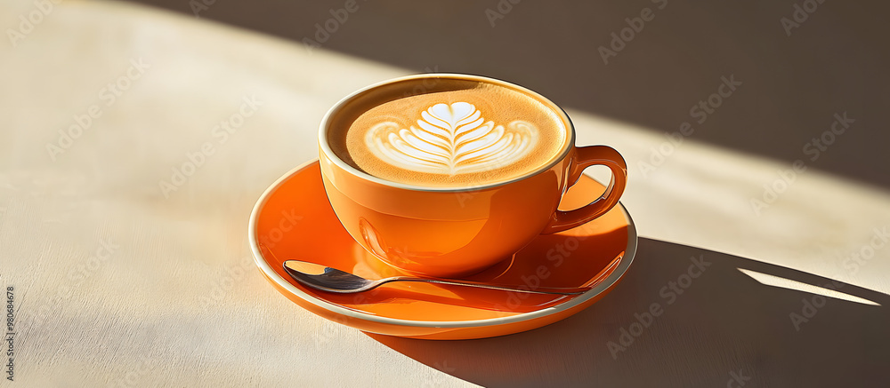 Wall mural Latte art displayed in an orange cup and saucer with available copy space image