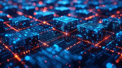 Fototapeta premium Blockchain innovation background with blockchain network nodes and secure data transfer visuals