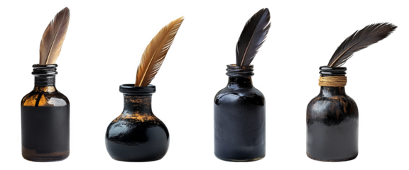 four antique ink bottles with quill feathers artistic theme transparent background