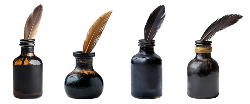 four antique ink bottles with quill feathers artistic theme transparent background