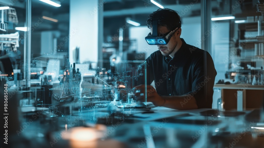 Aufkleber a man using augmented reality glasses in a high-tech lab setting.