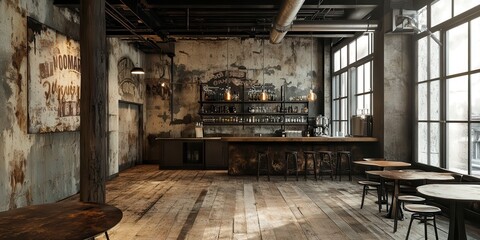 A rustic cafe interior featuring exposed walls and wooden furniture.