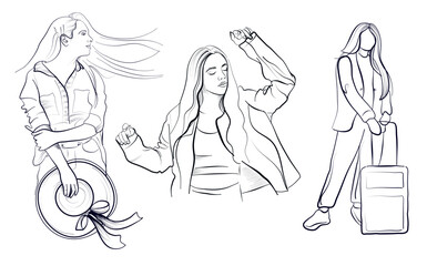 a set of hand-drawn drawings of a girl with a suitcase, a straw hat, dancing, going on a trip vector