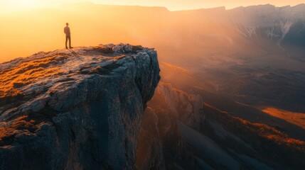 A solitary figure stands on a cliff at sunset, contemplating the vast landscape below.