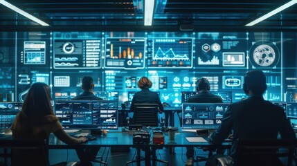 Professionals analyzing real-time data in a high-tech control room