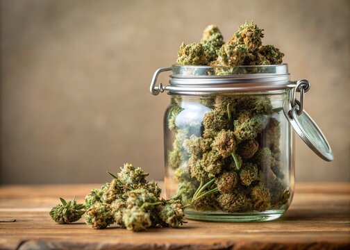 Dried cannabis hemp buds fill a sealed glass jar, sitting on a table against a neutral background, with ample copy space, showcasing herbal preservation.