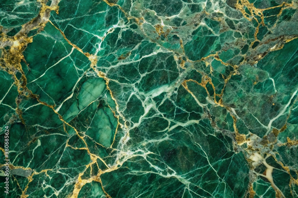 Poster luxurious high-resolution emerald green marble stone surface with intricate veining patterns, perfec