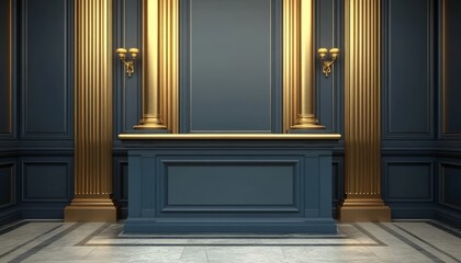 A Classic Blue and Gold Interior with a Shelf and Marble Floor