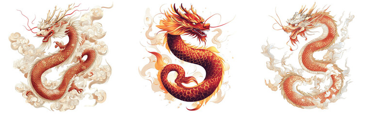 Fototapeta premium colorful dragon illustrations with swirling clouds majestic design transparent background