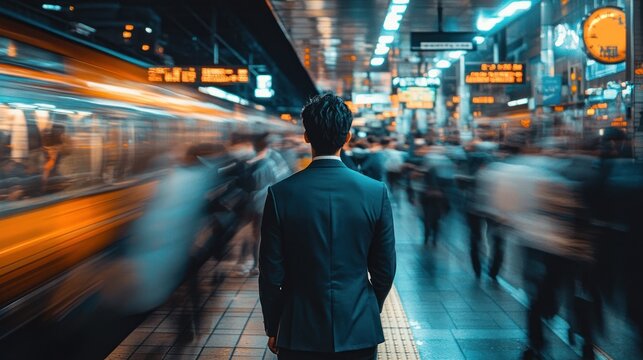 A man in a suit stands still amidst a bustling train station, capturing urban life.