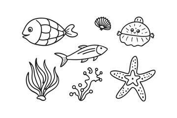Set of shark Cartoon characters for illustration Black and white style Vector illustration of a cute Guppy doodle for kids colouring page