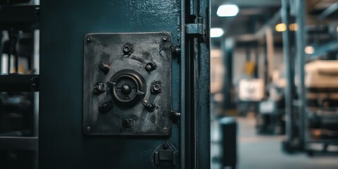 A metal door with a complex locking mechanism.