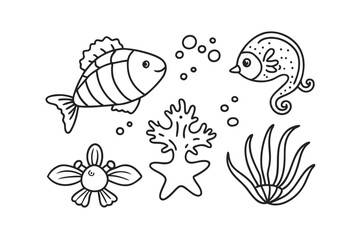 Set of shark Cartoon characters for illustration Black and white style Vector illustration of a cute Guppy doodle for kids colouring page