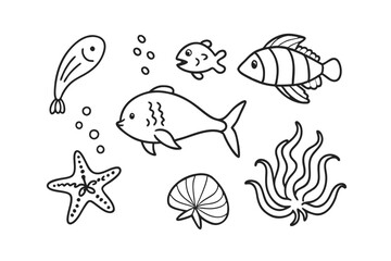 Set of shark Cartoon characters for illustration Black and white style Vector illustration of a cute Guppy doodle for kids colouring page