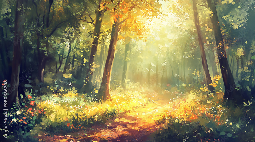 Poster misty forest with tall trees and a clear path, with large copy space in the sky and ground a sense o