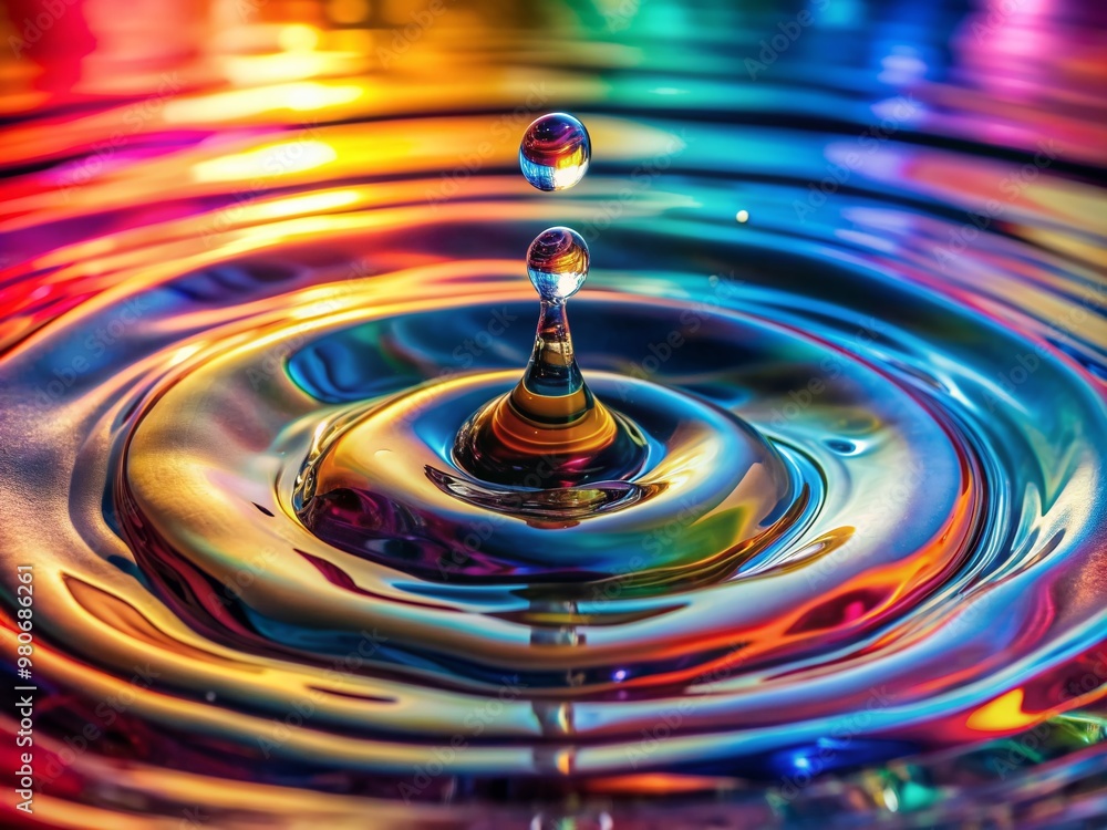 Poster vibrant colors dancing across rippling water as a droplet splashes, creating a mesmerizing display o