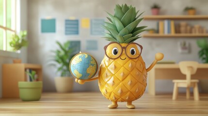 cute pineapple cartoon with globe in classroom, for education events, promoting back to school theme and global learning