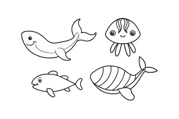 Set of shark Cartoon characters for illustration Black and white style Vector illustration of a cute Guppy doodle for kids colouring page