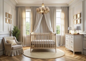Serene neutral-toned nursery interior design template featuring a crib at center, surrounded by calming white walls, soft cream curtains, and warm beige flooring accents.