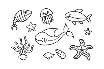 Set of shark Cartoon characters for illustration Black and white style Vector illustration of a cute Guppy doodle for kids colouring page