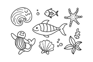 Set of shark Cartoon characters for illustration Black and white style Vector illustration of a cute Guppy doodle for kids colouring page