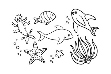 Set of shark Cartoon characters for illustration Black and white style Vector illustration of a cute Guppy doodle for kids colouring page