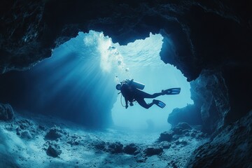 A scuba diver explores an underwater cave illuminated by sunlight.