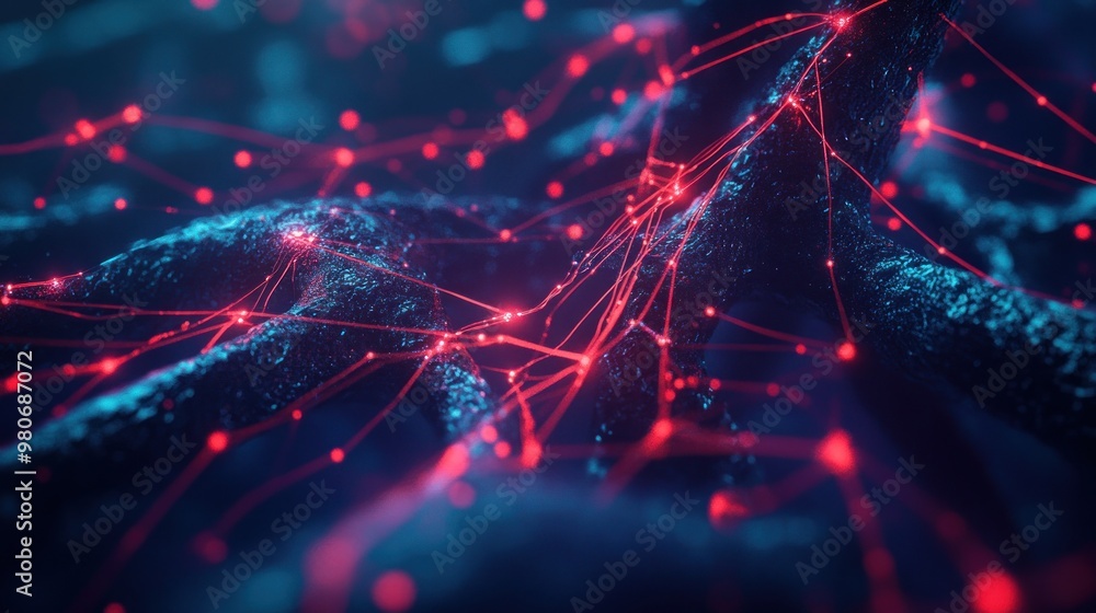 Poster abstract representation of interconnected networks with glowing nodes and dark textures.