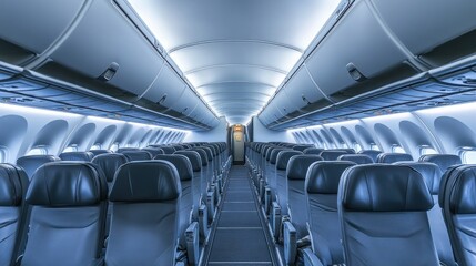Interior view of an empty airplane cabin with rows of black leather seats.