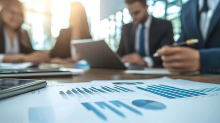 Team analyzing financial reports in a modern office setting during a productive meeting