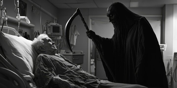 Death approaches an elderly patient in a hospital bed.