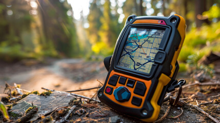 GPS device navigating an outdoor trail through a sunlit forest during daytime in a remote area