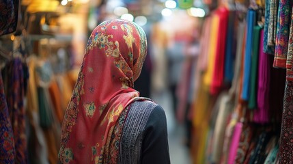 Obraz premium A woman in a colorful market, wearing a patterned scarf, surrounded by vibrant fabrics.