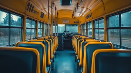 Fototapeta premium Interior view of a yellow school bus with empty seats and a driver's area.