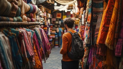 Fototapeta premium A person exploring a vibrant market filled with colorful textiles and goods.