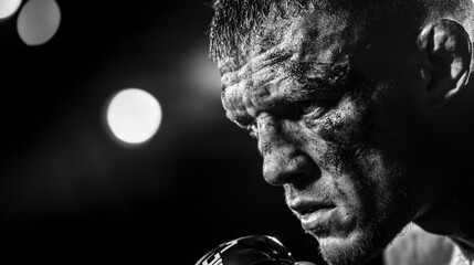 A fierce black and white photograph of a fighter's battered and bruised face after a bout, conveying both defeat and resilience.