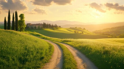 Serene Tuscany: Rolling Hills and Cypress Trees at Golden Hour